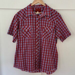 Vintage Men's Red, White and Blue Plaid  Western Short Sleeve Shirt